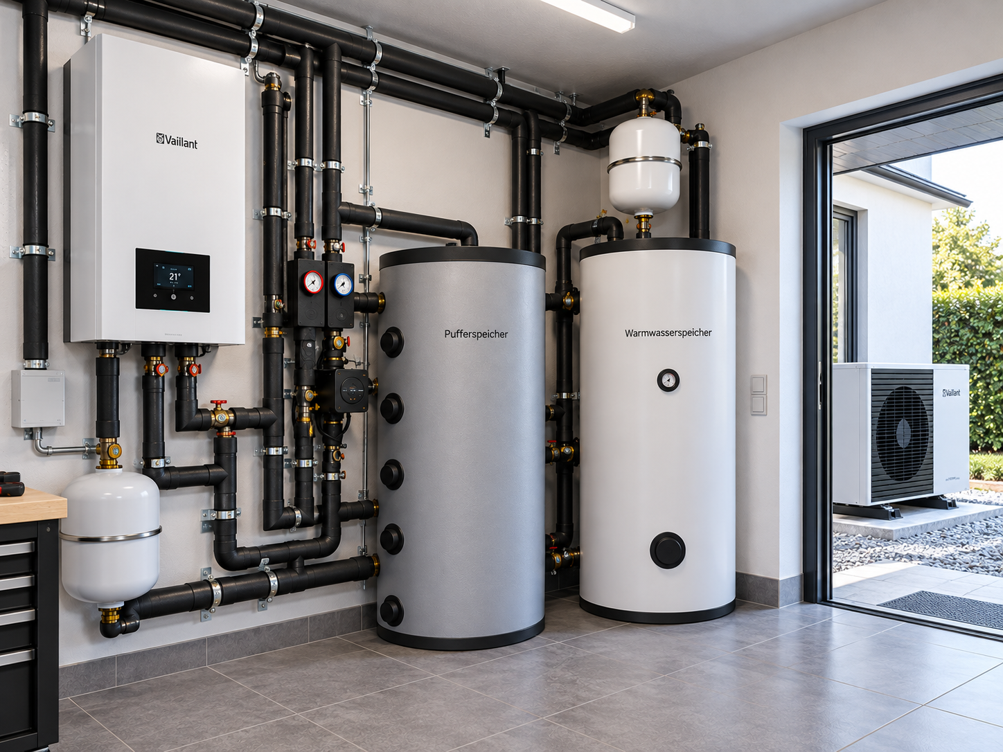 Moderne Heizungsanlage mit Warmwasserspeicher und sauberer Verrohrung