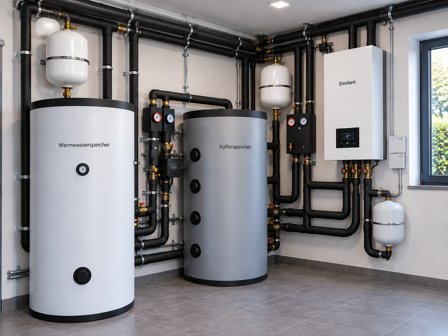 Moderne Heizungsanlage mit Warmwasserspeicher für hohe Energieeffizienz
