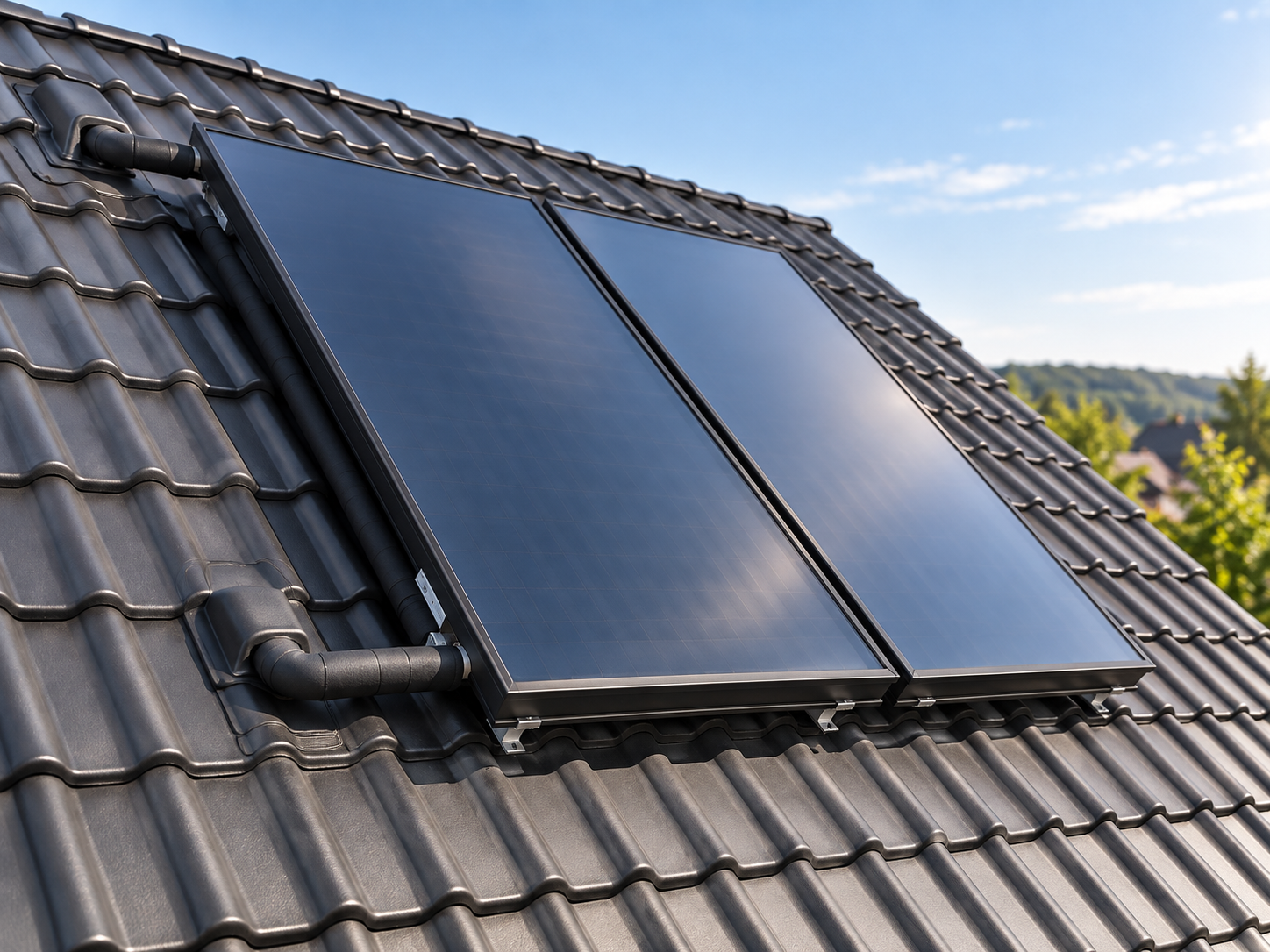 Fachgerecht montierte Solarthermie Kollektoren auf einem Dach in Bielefeld