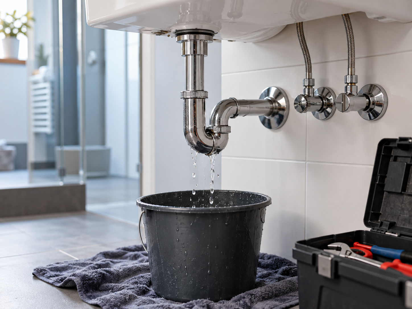 Undichter Siphon unter einem Waschbecken mit Auffangeimer bei einem Rohrbruch