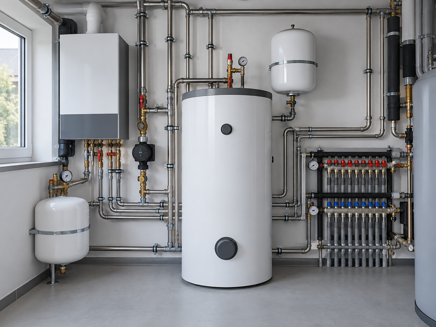Zentrale Heizungsanlage mit Speicher, Armaturen und sauberer Rohrinstallation