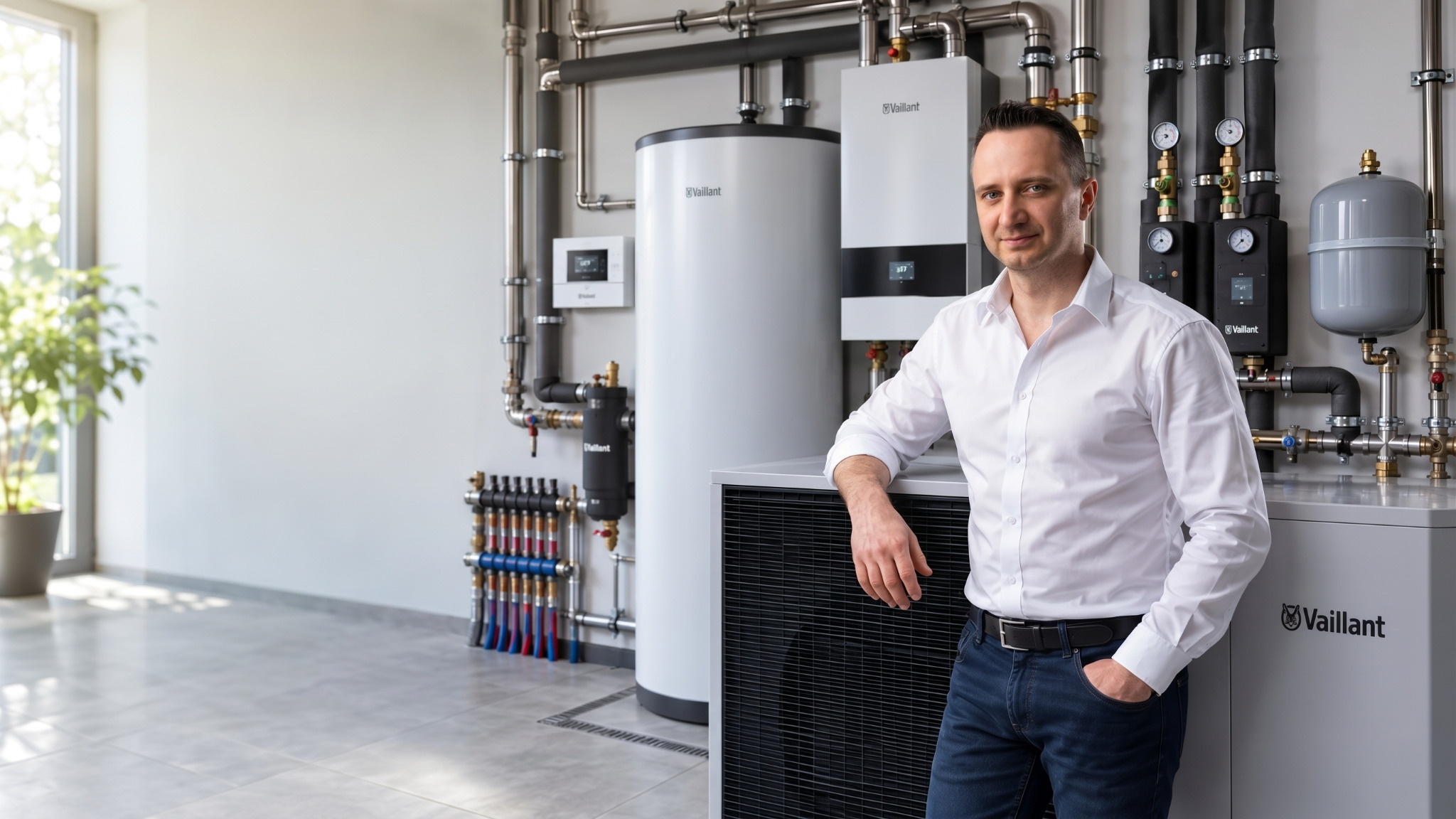 Tomasz Obierec vor einer modernen Vaillant Heizungsanlage in Bielefeld